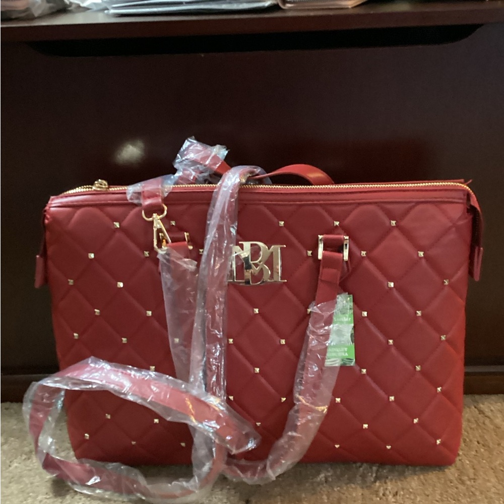 Badgley Mischka Red Quilted Tote with Gold Details